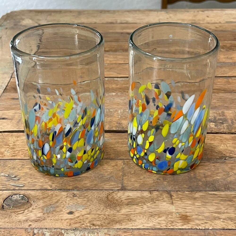 Hand Blown Art Glass Drinking Glass Tumbler Set of 2 5" Tall Multicolor Confetti